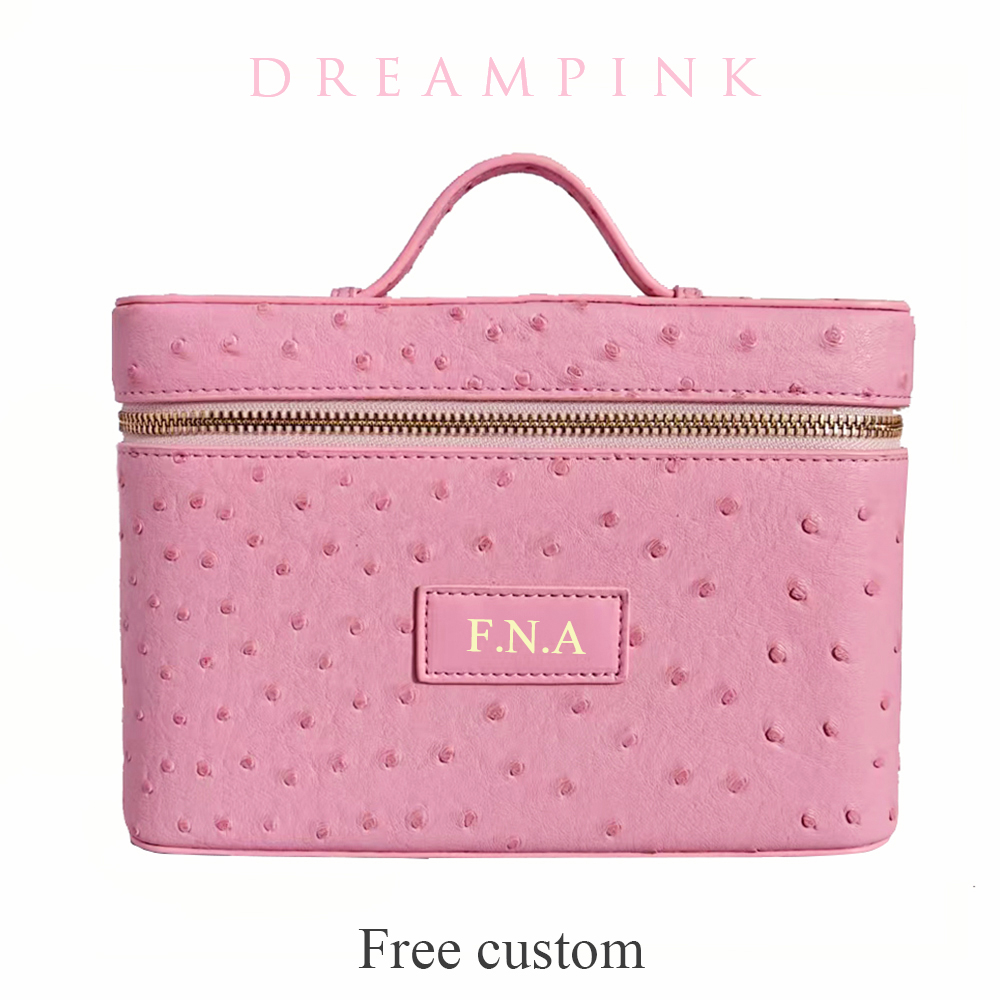 Women Vanity Bags - 高級ダチョウモックレザー女性用メイクアップバニティバッグ、カスタムネーム入り大容量コスメオーガナイザーボックス、ハンドル付きトラベルトイレタリーバッグ