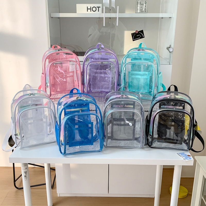 Women Bags In Sale - PVC透明ジッパー大容量バックパック人気商品学生向け多用途バッグ女性向けおしゃれな縫い糸スクールバッグ