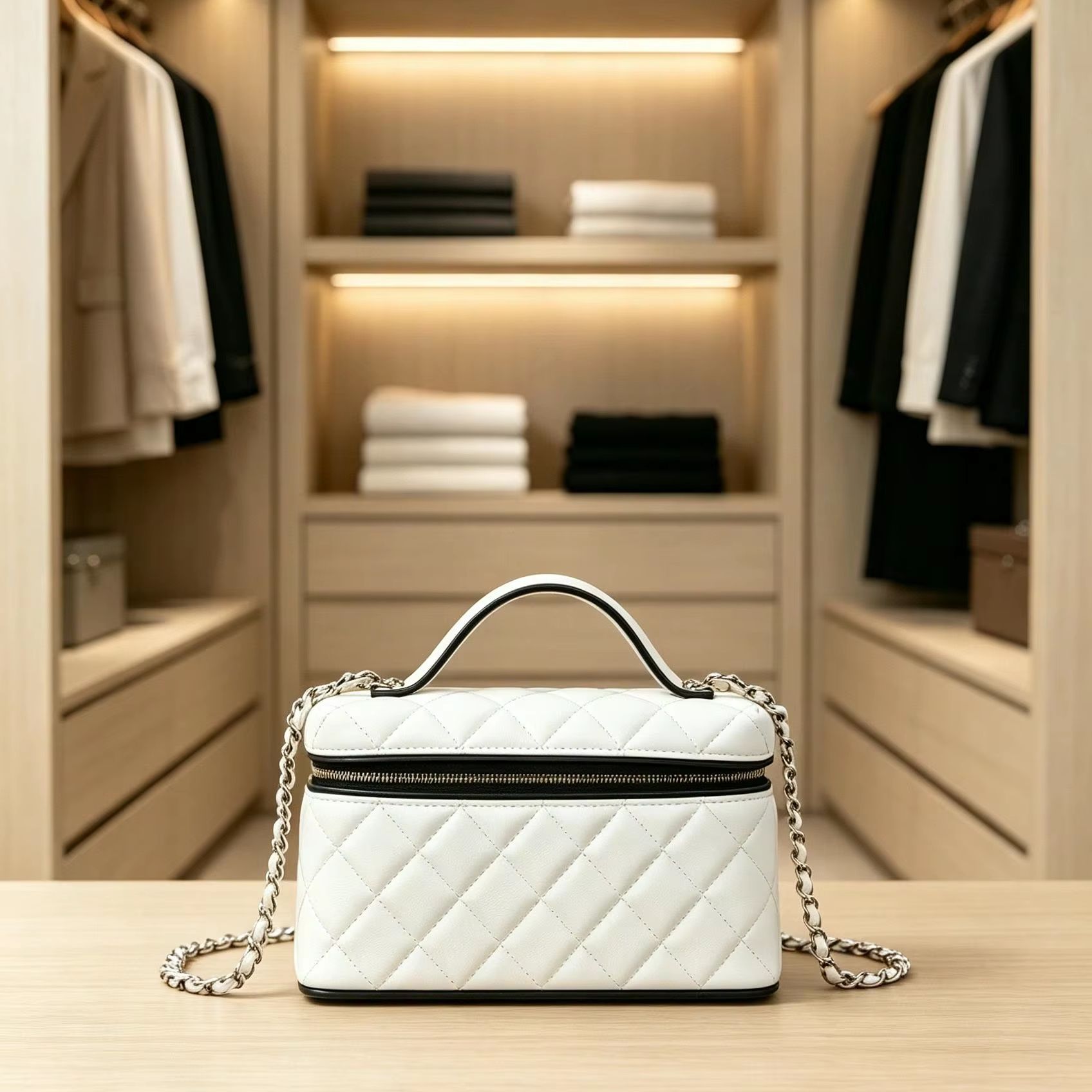 Women Vanity Bags - 白いキルティング加工のバニティボックスバッグ。トップハンドル、金属チェーン、クロスボディ、ショルダーハンドバッグとして使用可能。