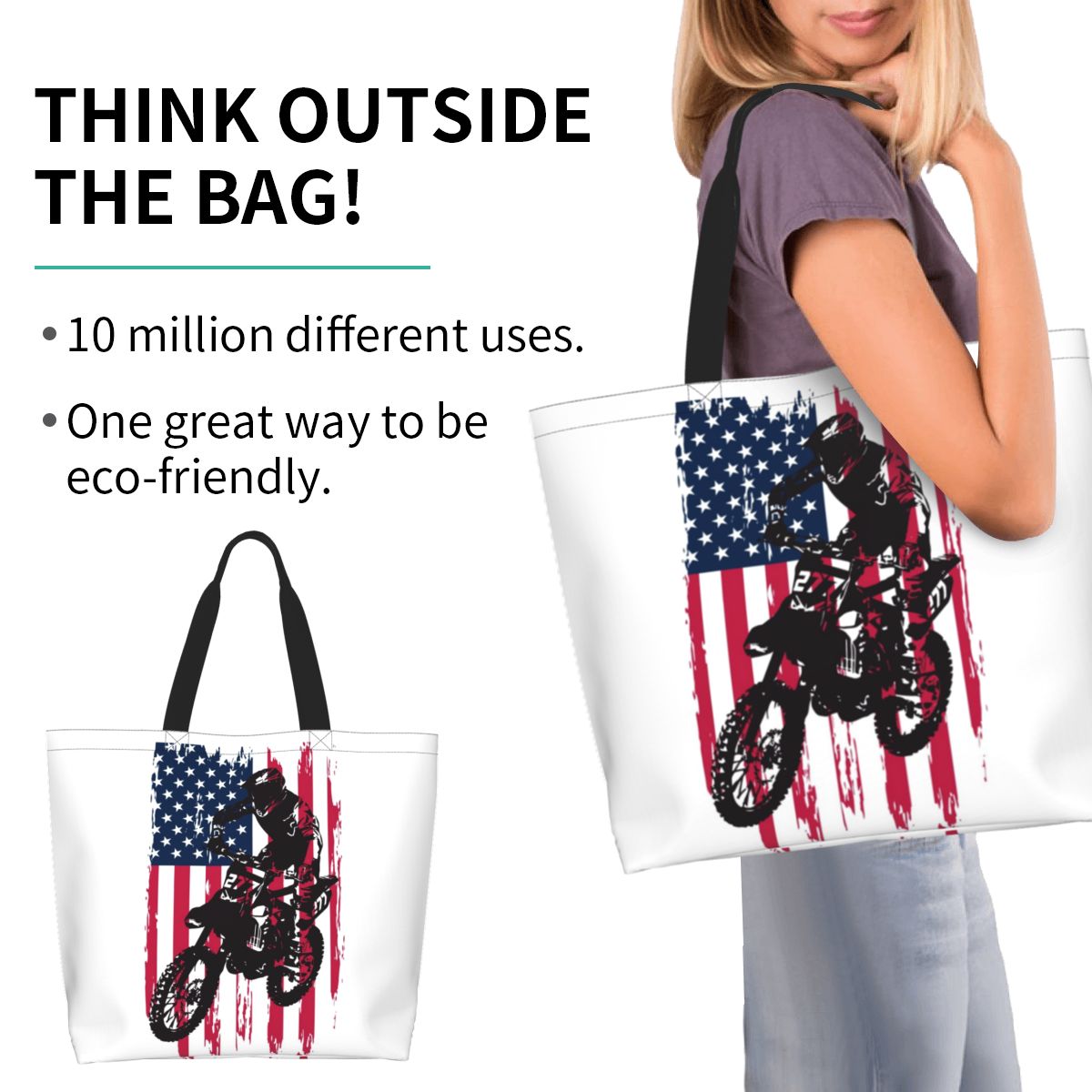 Women Bags Usa - ダートバイクモトクロス USA アメリカ国旗ショッピングトートバッグ キャンバス 大容量ショルダーバッグ ショッパー食料品ハンドバッグ