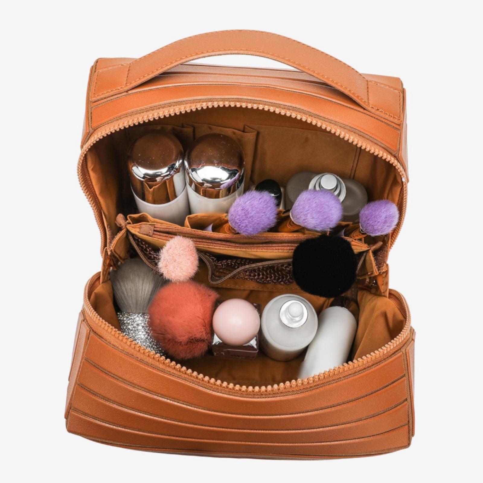 Women Vanity Bags - 女性用コスメポーチ 大容量 幾何学模様ストライプ メイクアップバッグ オーガナイザー 旅行用コスメケース