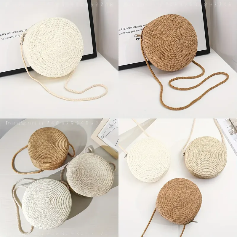 Women'S Crossbody Bags - 女性用丸型編み込みラタンクロスボディバッグ、手作りのストローニット製小型ショルダービーチバッグ、ナチュラルな夏のホリデーアクセサリー