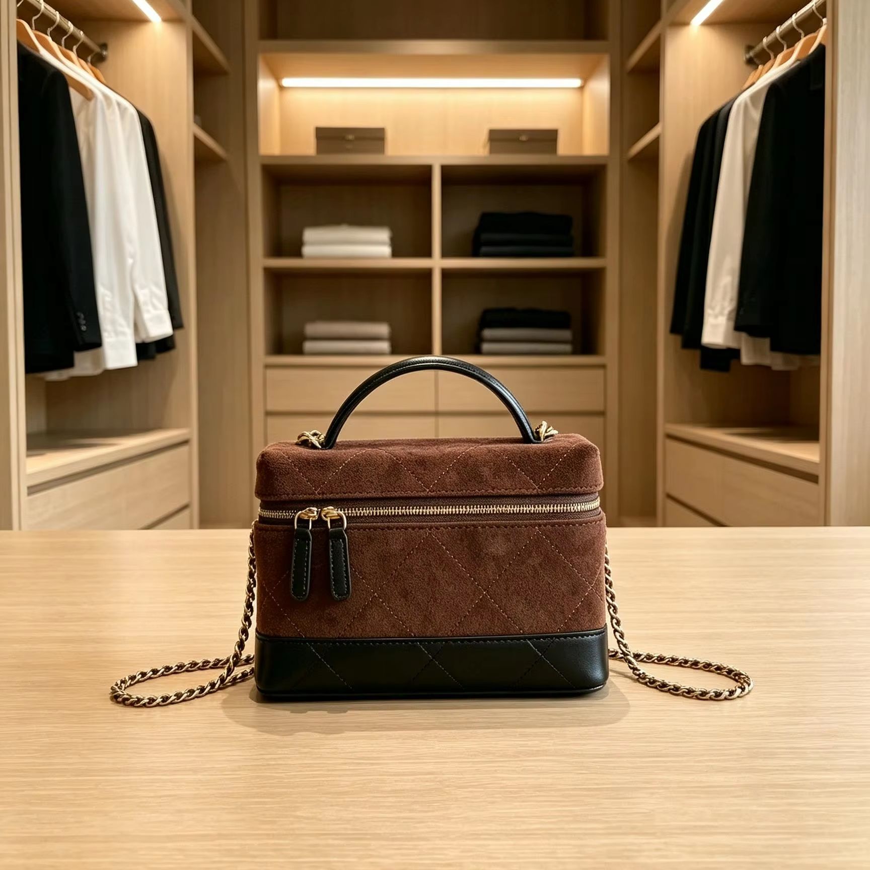 ブラウンのスエード素材を使用した、キルティング加工の化粧品ケ - Women Vanity Bags のレビューと価格