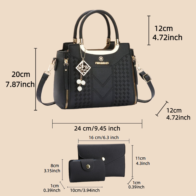ライチ柄PUレザー製の3ピースハンドバッグセット。 この無地 - Women'S Crossbody Bags のレビューと価格