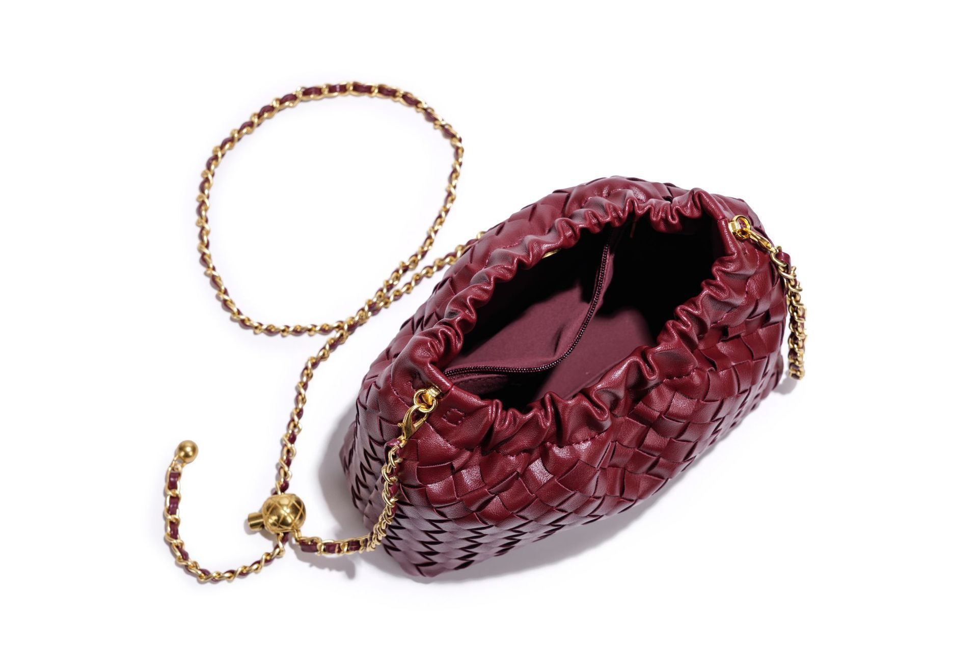 女性用織りドローストリングチェーンクロスボディバッグ、格子織 - Women Bags Golden のレビューと価格