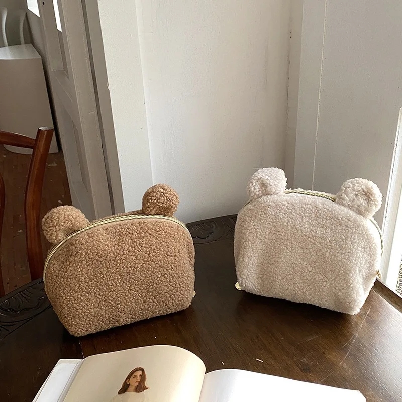 かわいいクマ耳付きシェルパメイクアップバッグ、キュートなテデ - Women Vanity Bags のレビューと価格
