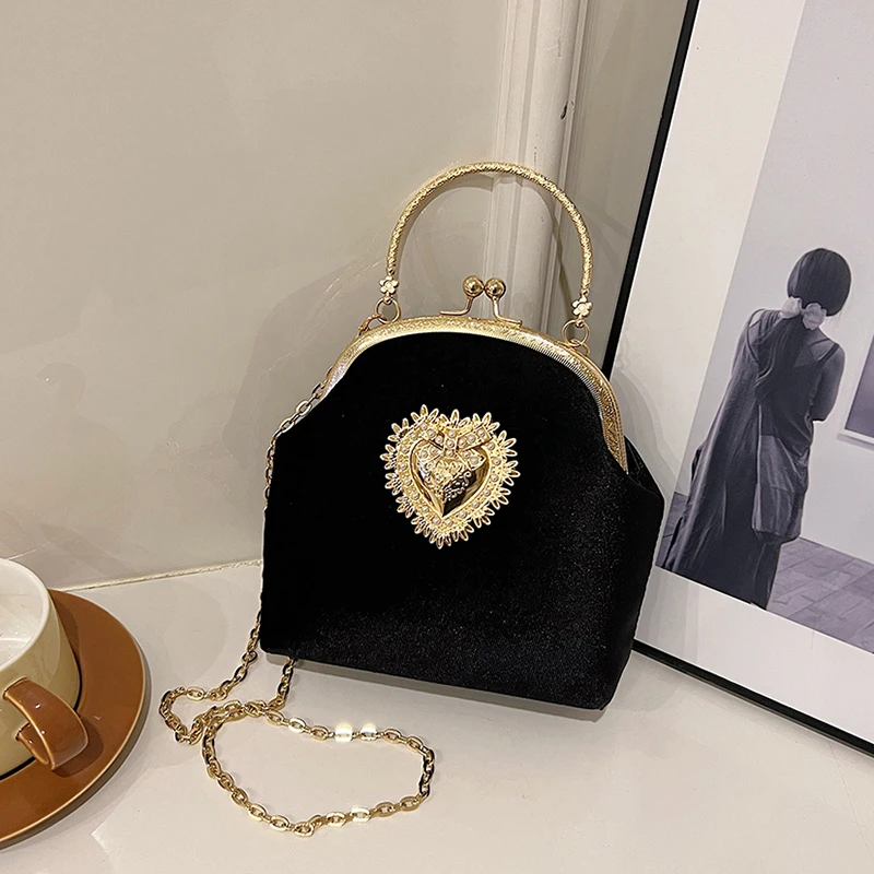 チェーンベルベットフレームハートディナーハンドバッグダイヤモ - Women Bags In Sale のレビューと価格