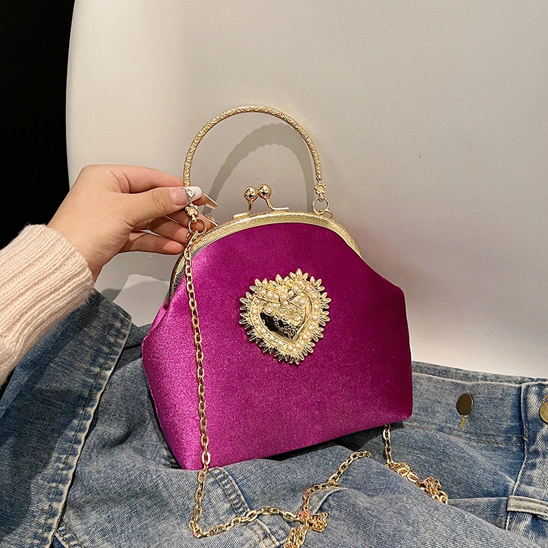チェーンベルベットフレームハートディナーハンドバッグダイヤモ - Women Bags In Sale のレビューと価格