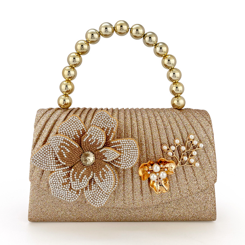 金色に輝くダイヤモンドフラワーディナーバッグ、メタルビーズハ - Women Bags Golden のレビューと価格