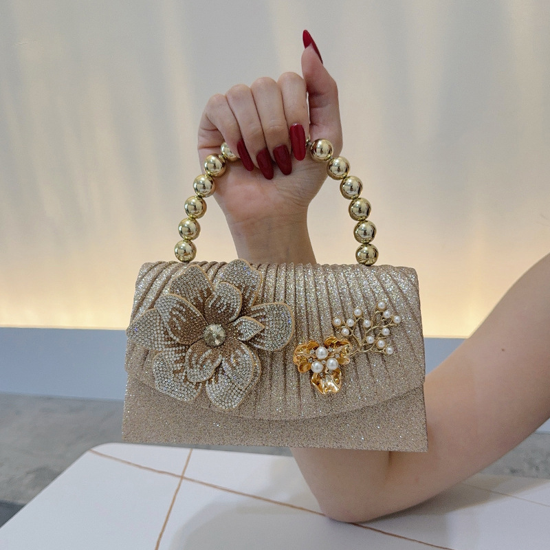 金色に輝くダイヤモンドフラワーディナーバッグ、メタルビーズハ - Women Bags Golden のレビューと価格